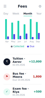 Vidym mobile fee ledger showing monthly collection and recent tuition, bus and exam fee entries